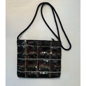 Vintage Imperial Fashion Beaded Sequin Crossbody‎ Evening Bag Black Red Plaid